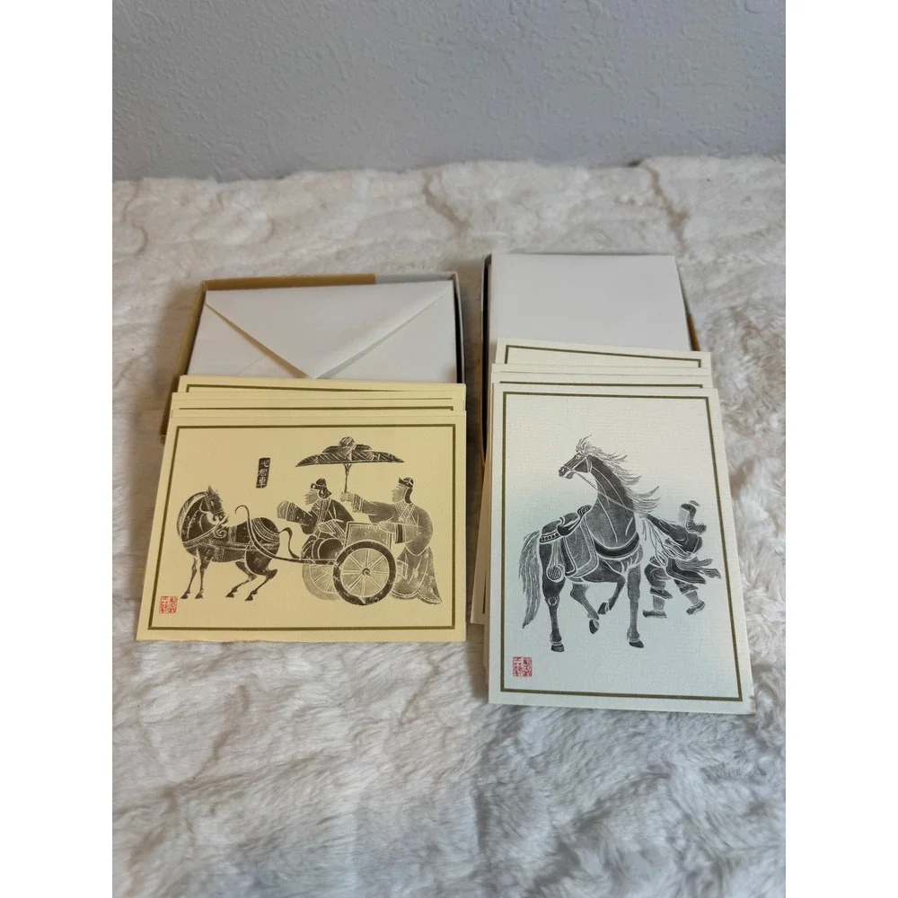Vintage 1970s Creative Papers Chinese Stone Rubbing Note Cards 2 Boxes of 9